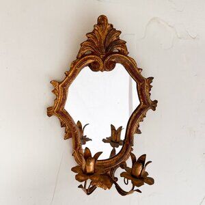 Antique Gold Wood Baroque Rococo Fleur De Lis Mirror Wall Hanging Candelabra